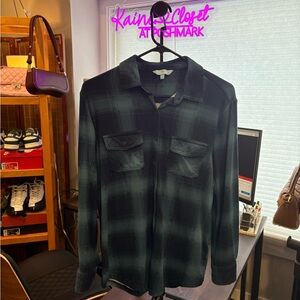 Relaxed Plaid Button-Front Shirt - Black/Green -